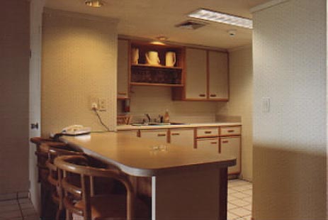 Our suite has a FULL kitchen including stove, frig, microwave, coffee maker, blender, sink, cookware, and service for 8